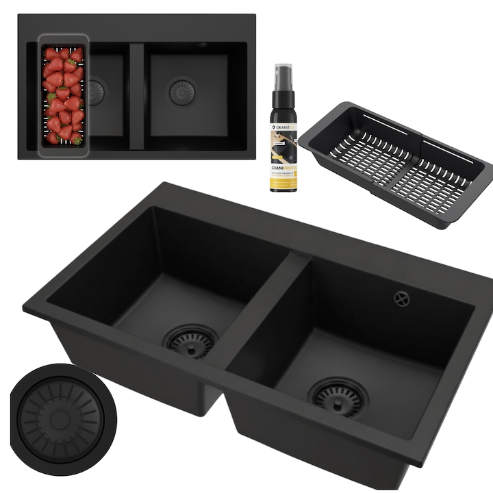 Set Chiuveta Granit, 800x490x205mm, Negru, Montaj Incastrat