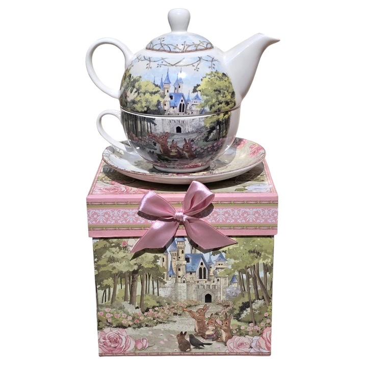 Set ceainic cu ceasca si farfurie Hamilton imprimat Castel si Caleasca, portelan, verde, 350 ml