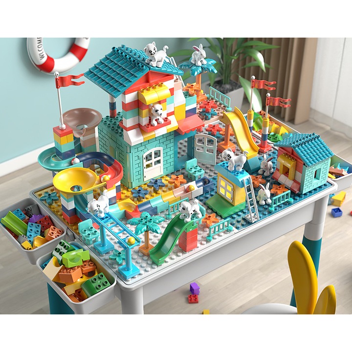 ???? Masa Multifunctionala pentru Copii – Constructii, Apa, Nisip, Birou – Set STEM cu 719 Piese + Scaunel