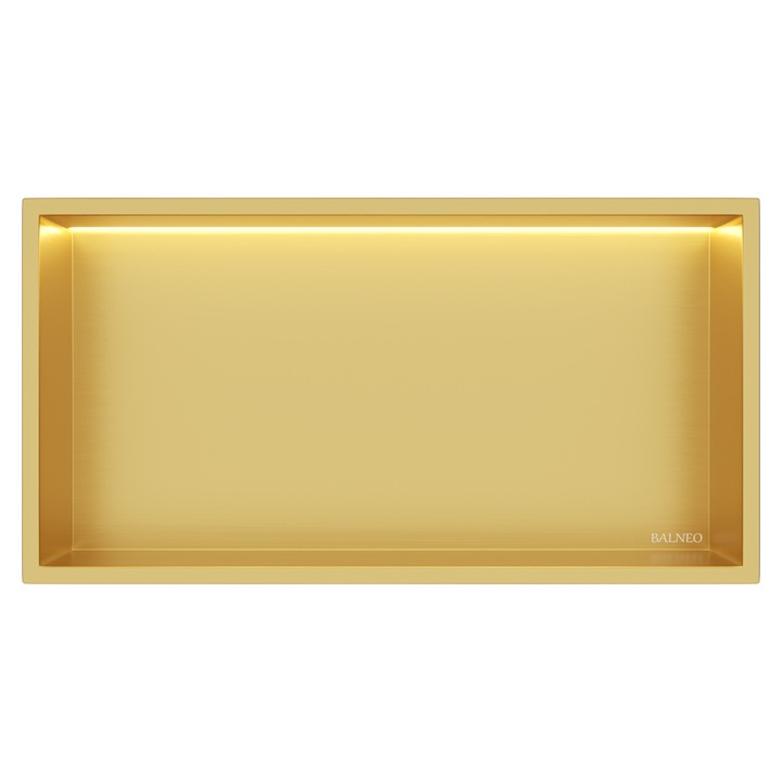 Raft De Dus, Balneo, Wall-Box One, Auriu, Constructie Rezistenta La Apa, Fabricat Din Otel Inoxidabil, Iluminare Led Integrata, Montaj Simplu, Calitate Inalta, 30 cm x 30 cm x 10 cm
