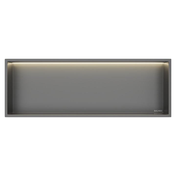Raft De Dus, Balneo, Wall-Box One, Gun Metal, Constructie Rezistenta La Apa, Fabricat Din Otel Inoxidabil, Iluminare Led Integrata, Montaj Simplu, Calitate Inalta, 30 cm x 30 cm x 10 cm