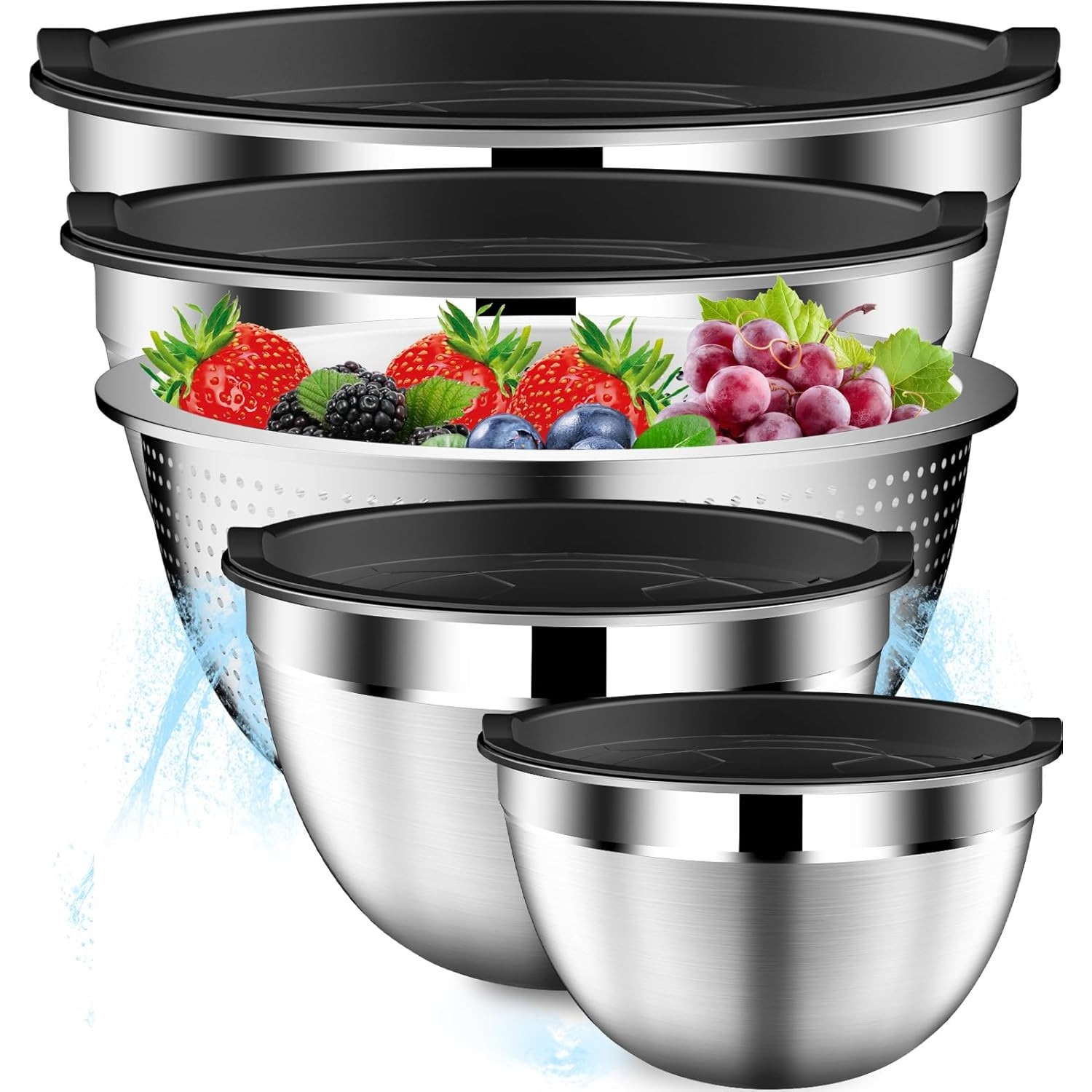 Wacorresi Set de 5 boluri de inox Usor curatat Negru, 4,2 litri