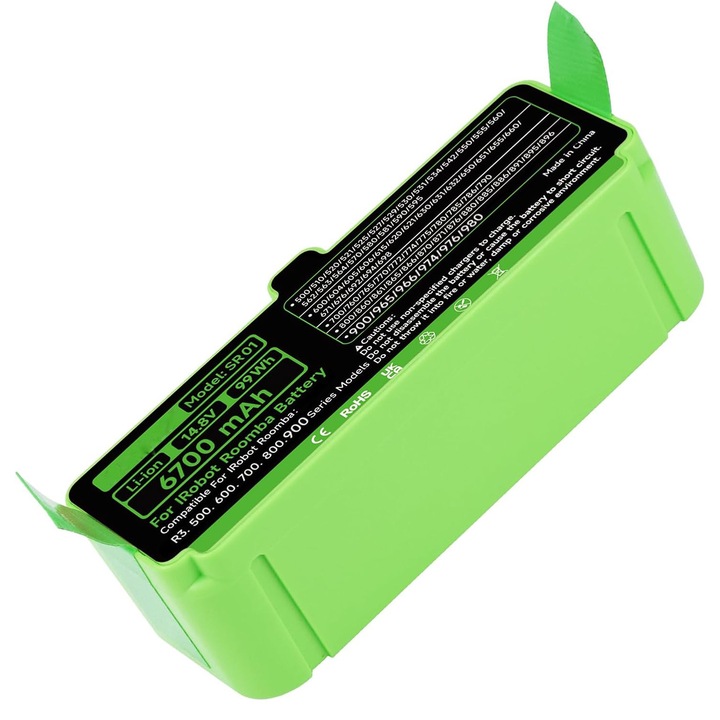 Akkumulátor iRobot Roomba 900/800/700/600/500 sorozatú robotporszívóhoz, 6700mAh Li-Ion akkumulátor, 14.8V, Zöld, 13.9x5.3x4.5cm