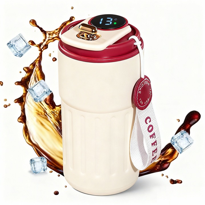 316 rozsdamentes acél termikus bögre intelligens hőmérséklet-kijelzővel, hordozható termosz kávéhoz/vízhez, otthoni/irodai/autós használatra, prémium design, szivárgásmentes és tartós, fehér test + piros fedél