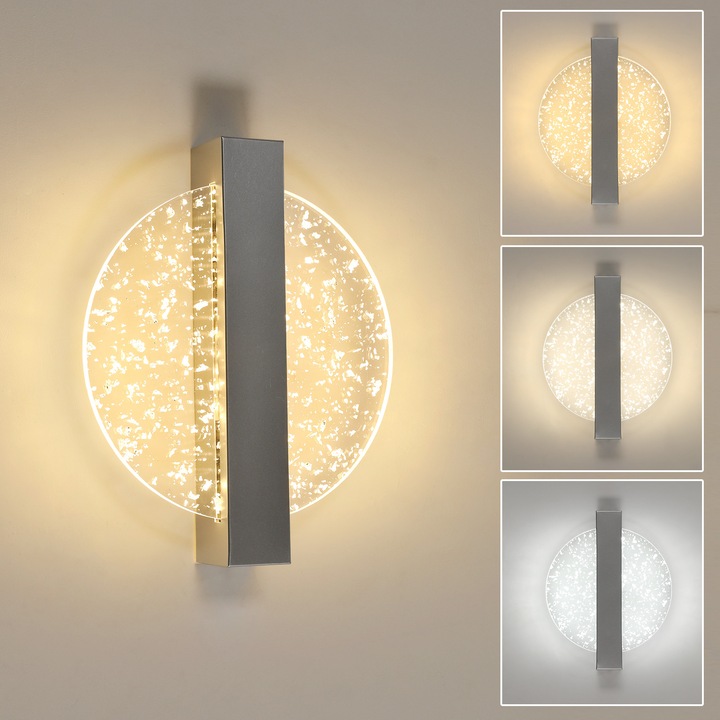 Aplica de perete LED moderna, Goeco, 12W, Rotund argintiu, 3 temperaturi de culoare (3000K/4500K/6500K), Reglabile, lampa de perete LED pentru dormitor, living, sufragerie, hol, scara