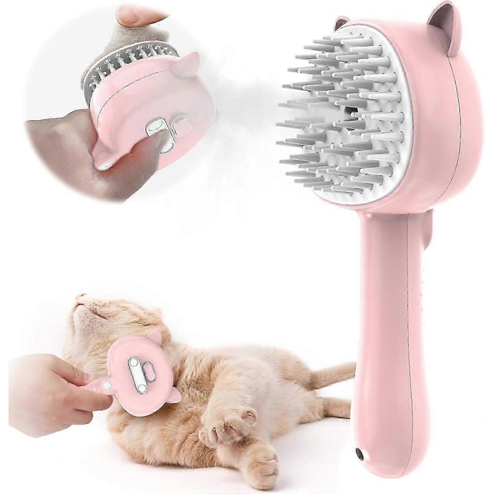 Perie cu abur pentru pisici, pieptene cu abur 4 in 1 pentru pisici cu maner, perie atomizatoare din cauciuc pentru animale de companie cu buton de eliberare, potrivita pentru pisici de interior si animale mici