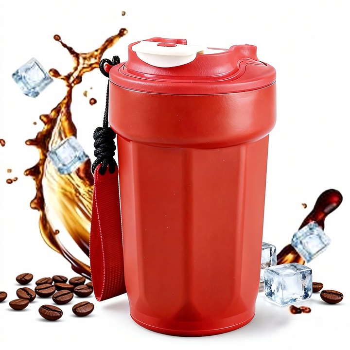 Cana termica octogonala din inox, izolare in vid, rosie, 450ML, design modern