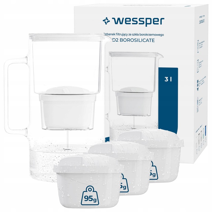 Кана за филтриране на вода стъклена Wessper AquaMax 3.3L, комплект 4 филтъра, бяла