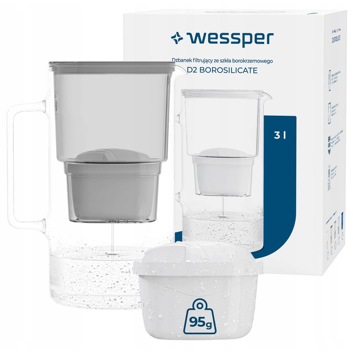 Carafă filtrantă Wessper D2, sticlă borosilicată, 3L, 1 filtru Aquamax, BPA free
