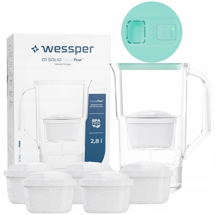 Cana filtrantă Wessper D1 SOLID 2.8L, 6 filtre aquamax, cu indicator LED, plastic BPA Free, capacitate apă filtrată 1.9L