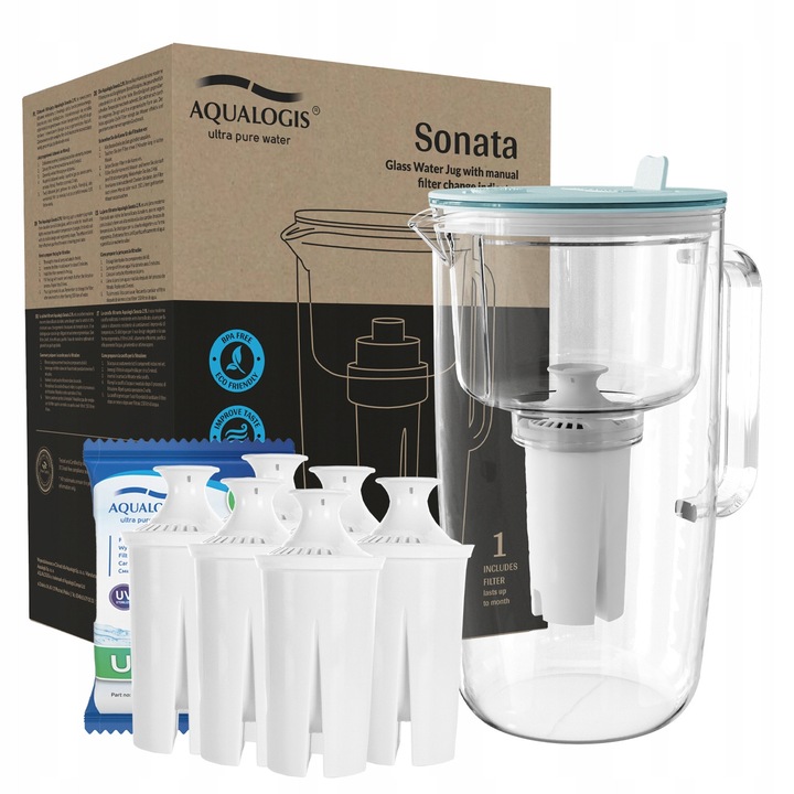 Carafă filtrare apă Aqualogis Sonata sticlă 2.9L, set 6 filtre UniX, albastru