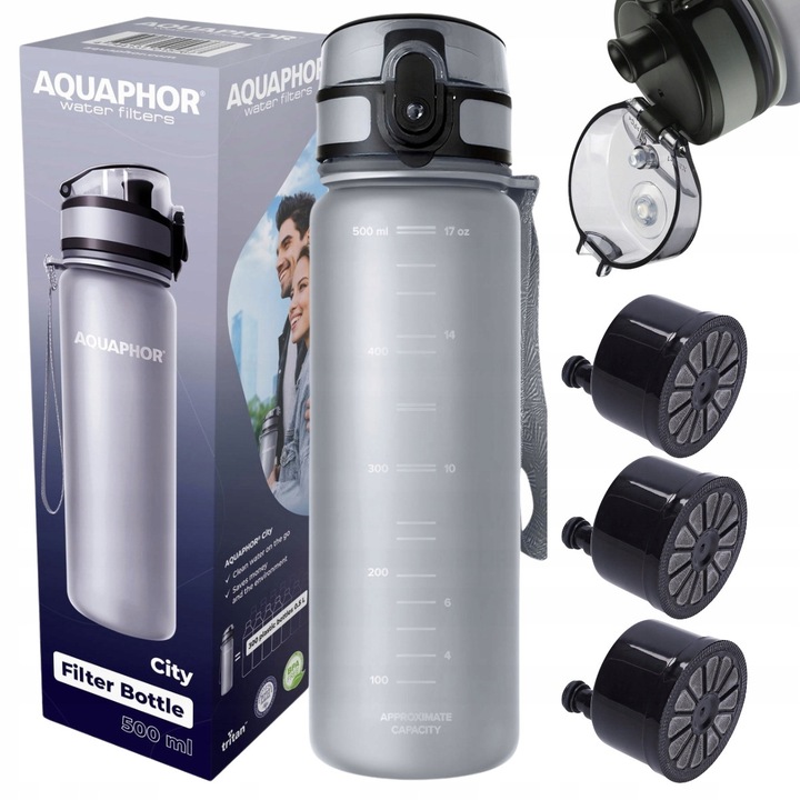 Aquaphor City szűrős kulacs, szürke, 3 szűrővel, 0,5L