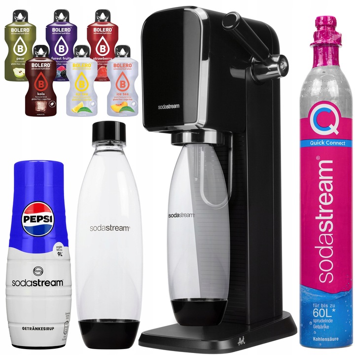 Aparat de apă carbogazoasă Sodastream Art, negru, sticlă 1L, cu syrop Pepsi 440ml și 6 plicuri Bolero