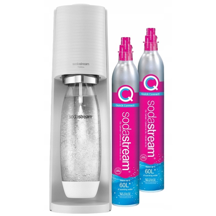 Сатуратор за вода Sodastream Terra бял, 2 CO2 цилиндъра, 1л бутилка за многократна употреба