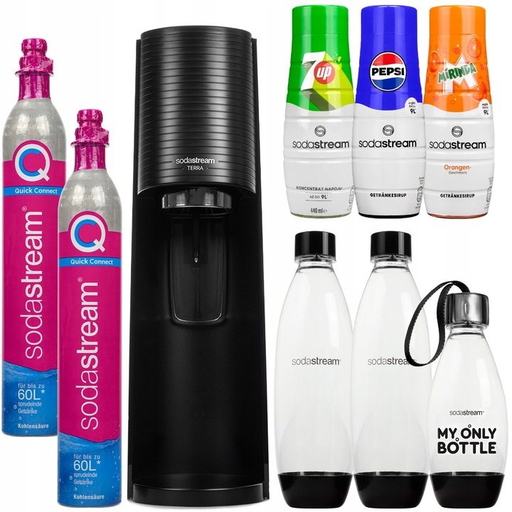 Saturator SodaStream Terra, 3 sticle reutilizabile, 3 siropuri, 2 cilindri CO2, negru