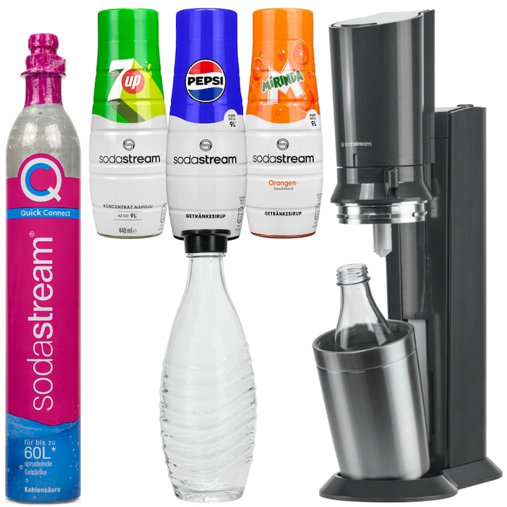 Saturator apa carbogazoasa SodaStream Crystal 3.0, carafa sticla 0.6L, butelie CO2, 3 siropuri