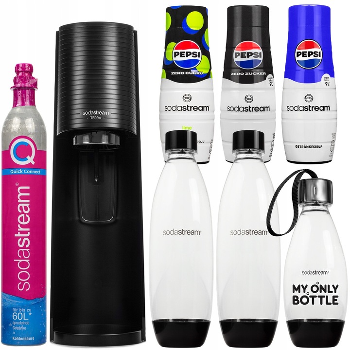 Szódagép SodaStream Terra, fekete, szett 3 palackkal (2x 1L, 1x 0.5L) és Pepsi szörpökkel