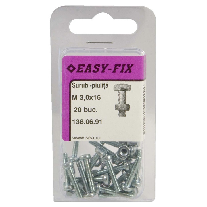 Surub cu cap bombat, amprenta cruce, cu piulita, Easy-Fix, otel, zincat alb, M3 x 16 mm, set 20 bucati