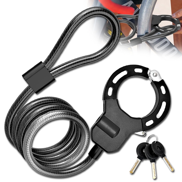 Antifurt pentru bicicletă YOUKUKE, cablu 125cm, 3 chei, otel, negru