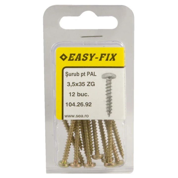 Surub pentru PAL / lemn, cu cap bombat, amprenta cruce, Easy-Fix, otel, zincat galben, 3.5 x 35 mm, set 12 bucati