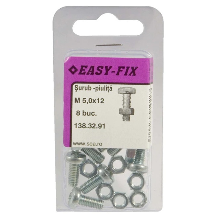 Surub cu cap bombat, amprenta cruce, cu piulita, Easy-Fix, otel, zincat alb, M5 x 12 mm, set 8 bucati