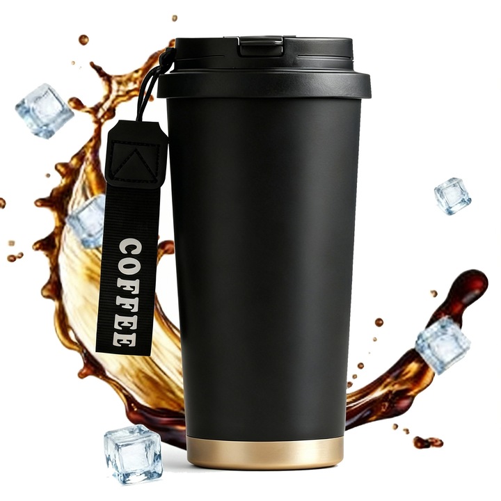 Linglan 500ML hőszigetelt bögre 316-os rozsdamentes acélból, kerámia belsővel, prémium termosz kávéhoz és teához, kétféle ivási móddal, szivárgásmentes, kompakt, ideális irodába, autóba és utazáshoz, fekete és arany