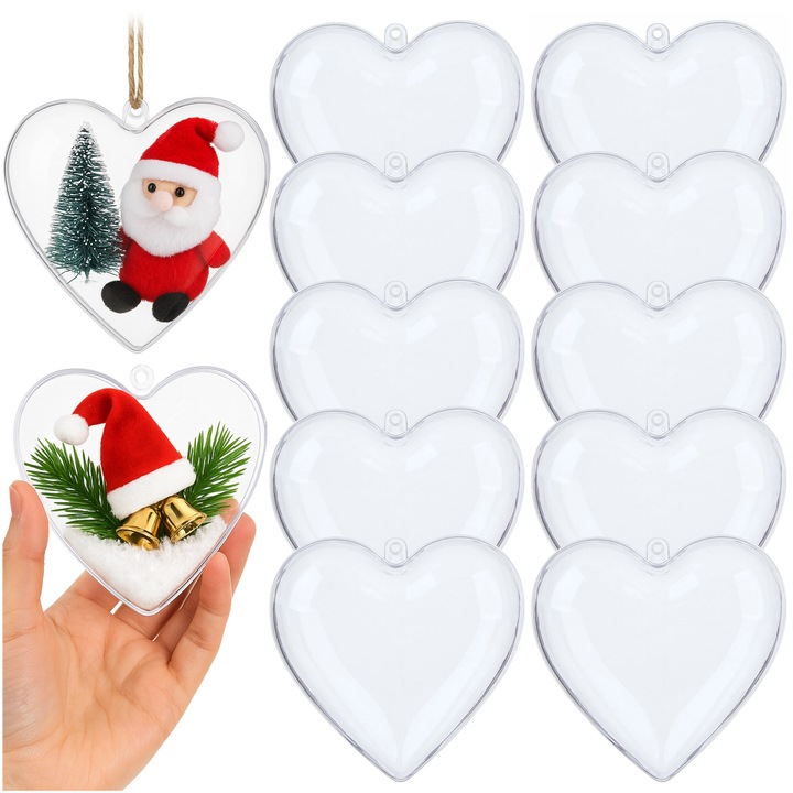 Set Globuri De Craciun Acrilice In Forma De Inima, Korbi, 8 cm, Constructie Deschisa, Material Transparent Reflecta Frumos Lumina, Forma De Inima, Utilizare Universala Ideale Pentru Decorarea Bradului, Aranjamente Sau Cadouri, Transparent, 10 Bucati