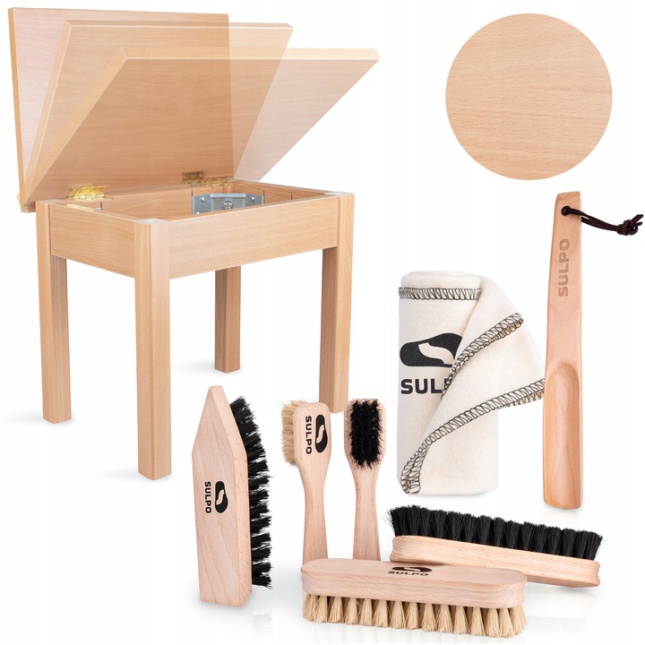 Set de perii pentru incaltaminte cu taburet, Sulpo, 8 in 1, culoare lemn de fag, dimensiuni taburet 39x26,5x35cm