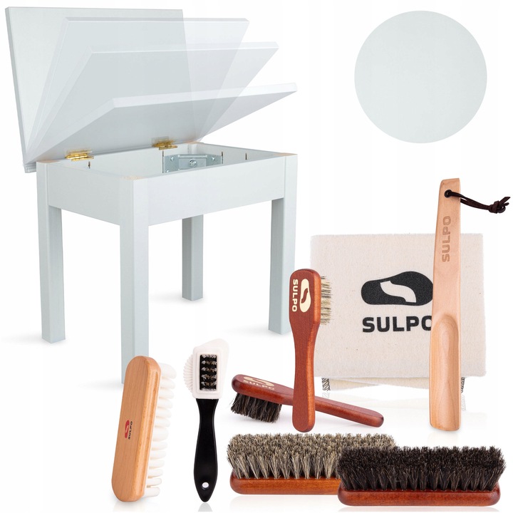 Set de curatare incaltaminte SULPO, 9 in 1, cu taburet alb, accesorii din par de cal, dimensiuni taburet 39x26,5x35cm