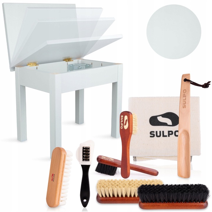 Set de ingrijire incaltaminte Sulpo, 9 in 1, taburet alb, accesorii pentru curatare, dimensiuni 39x26,5x35cm