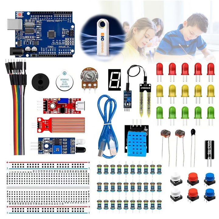 Комплект за програмиране Arduino Starter UNO R3, BIGLISTENING®, Подходящ за UNO R3 производител с 400 дупки сензор за избягване на препятствия, включва управление на LED, LDR, детектор за светлина и резистор, за управление на активни/пасивни зумери