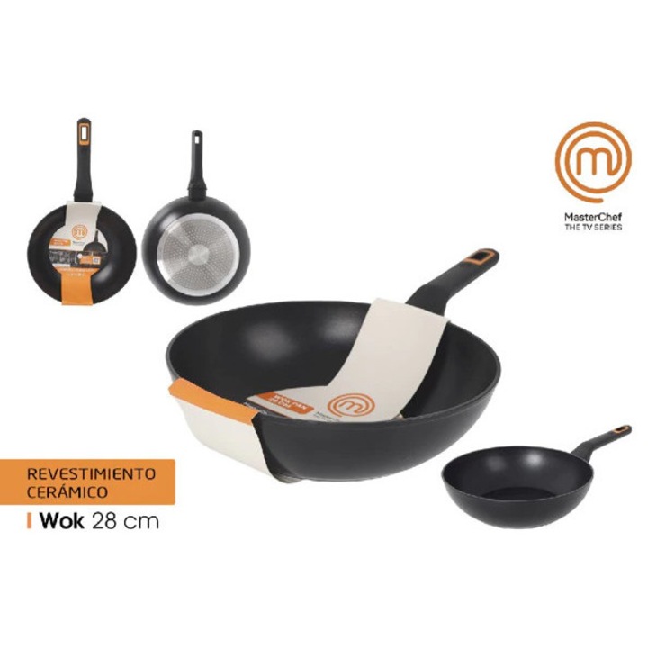 Tigaie Wok Profesionala Inde MasterChef 28 cm, Aluminiu Forjat, Ultra Antiaderenta, Negru