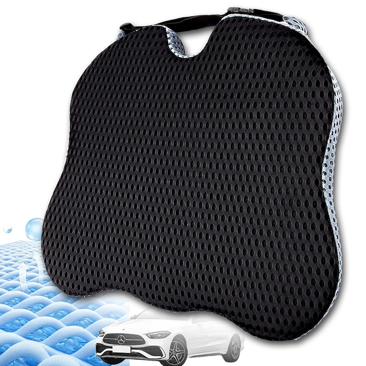 Targa auto-ortopedica, YOUKUKE®, Husa din spuma cu memorie, lavabila, respirabila si anti-alunecare, lombara, sciatica, dureri de sold, protectie hemoroizi, negru gri, 47 x 42 x 8 cm