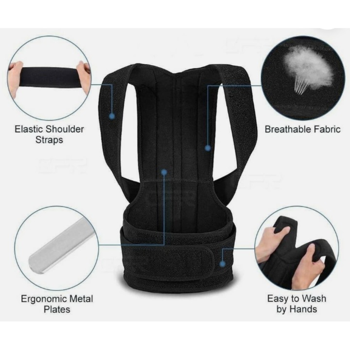 Corset/Corector pentru spate. Suport toracal si lombar, Bretele ajustabile, Unisex, Negru, marime universala