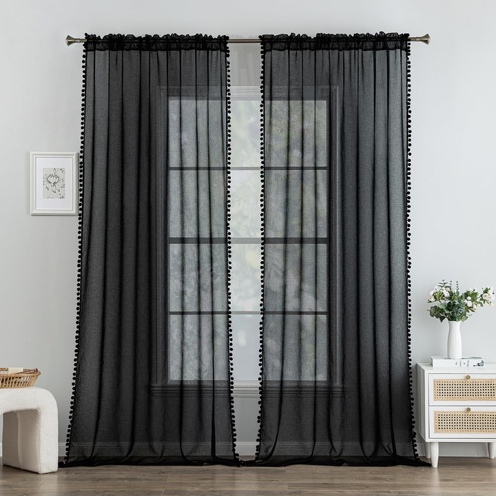 Комплект 2 пердета MIULEE, с помпони, полупрозрачни, захващане на корниз, 140 x 260 см, цвят черен