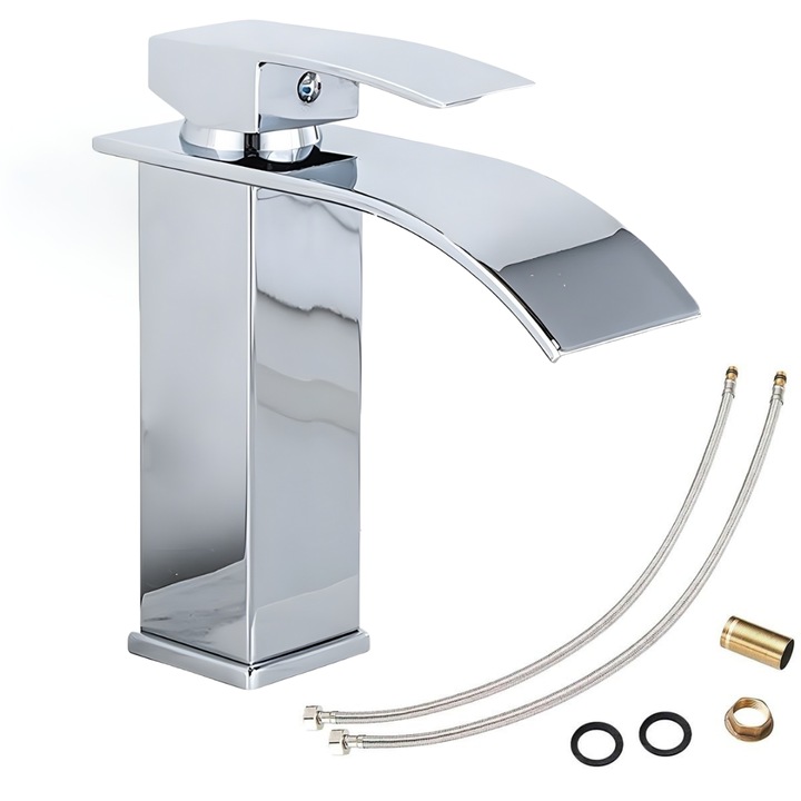 Baterie Lavoar Baie Macvi® Tip Cascada Monocomanda Argintiu Din Alama Montaj Pe Chiuveta Design Modern Pentru Lavoar Bol