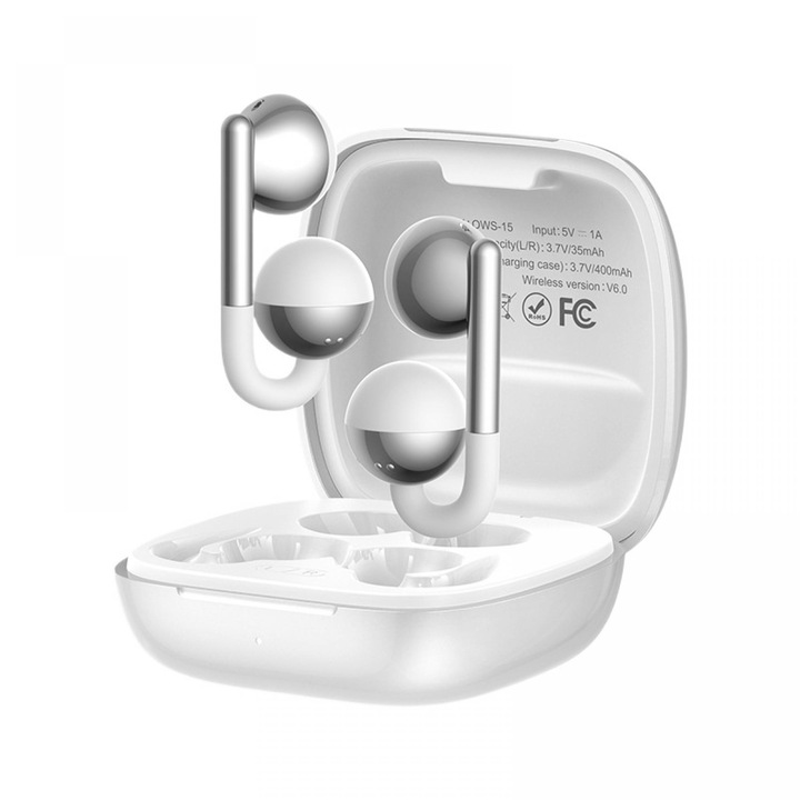 Vezeték nélküli fülhallgató, fülkampós, Hi-Fi hangminőség, Bluetooth 6.0, HD audio mikrofon, érintőgombok, alacsony késleltetés, fehér