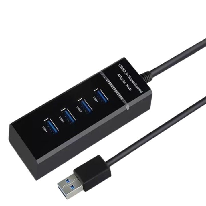 USB 3.0 elosztó, négy portos, fekete, 12cm