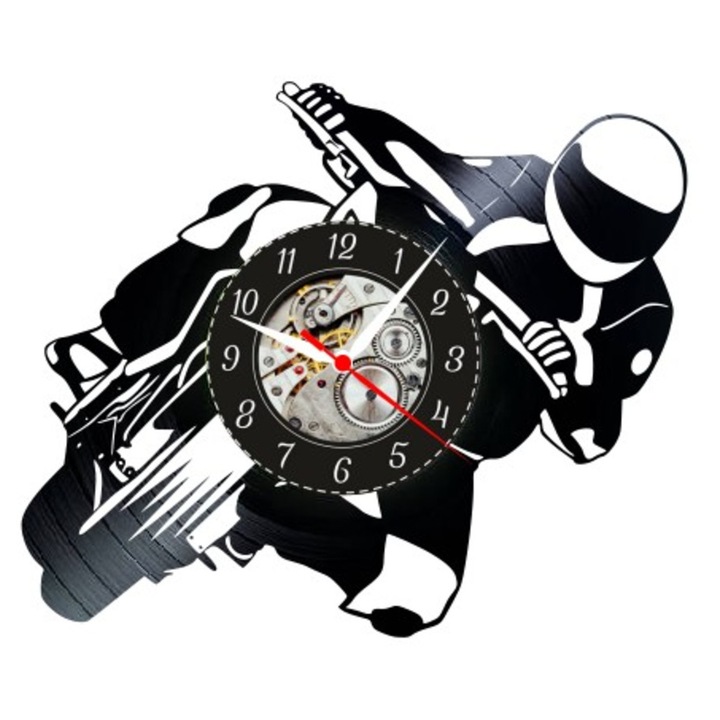 Стенен Часовник Мотоциклет / Мотоциклетист в Скорост, Дизайн Силует на Пилот от Състезания, Занаятчийска Декорация от Рециклирана Винилова Плоча