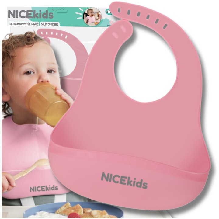 Силиконова лигавник за деца с джоб, NICEkids, водоустойчив, розов
