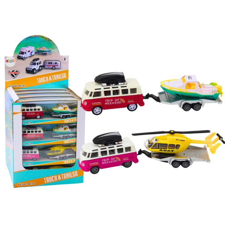 Masinuta terenowa LEAN Toys cu remorca si barca sau elicopter, 9,5x4,5x4cm, 16 bucati/set, culoare aleatorie