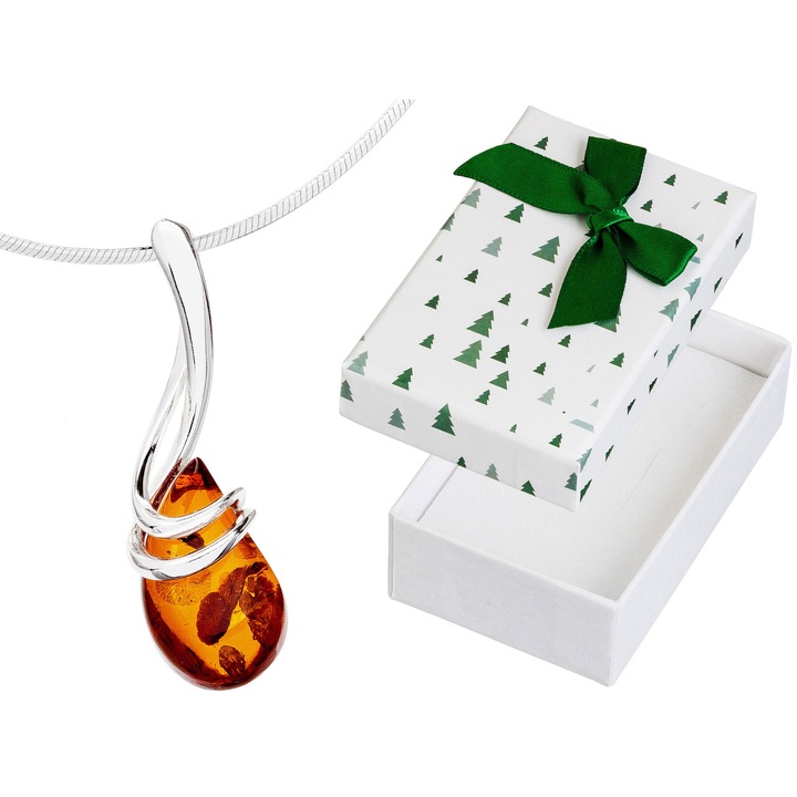 Colier din argint 925 cu chihlimbar, Siju, 32cm, set cu cutie cadou