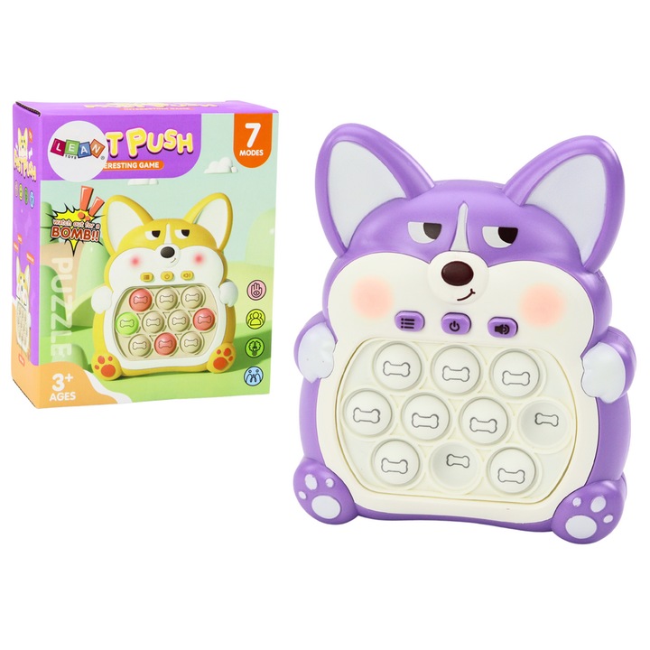 Interaktív Pop-It játék Lisek, LEAN Toys, 7 játékmód, lila, 14x11,5x5cm