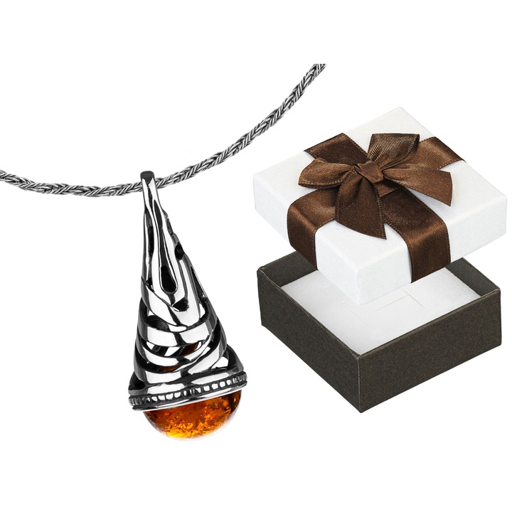 Colier din argint oxidat cu chihlimbar, Siju, 38cm, set cu cutie de cadou