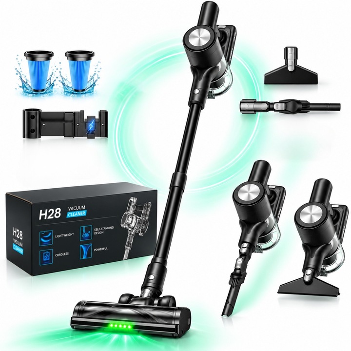Aspirator Vertical, 2 in 1, Fara Fir Zenivo H28, 3 Viteze, 500W, Autonomie 55 min, Filtru HEPA Lavabil - Aspira si Retine Alergenii, Putere Aspirare 46000 Pa, Perie LED, Filtrare Ciclon, Pentru covoare, parchet, gresie si par de animale
