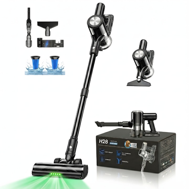 Aspirator Vertical 2 in 1 Fara Fir Zenivo H28, 500W, Autonomie 55 min, Putere Aspirare 46kPa, Perie LED, Filtrare Ciclon, 3 Trepte de Viteza, Filtru HEPA Lavabil - Aspira si Retine Alergenii, Ideal pentru Covoare, Parchet, Gresie si Par de Animale, Negru