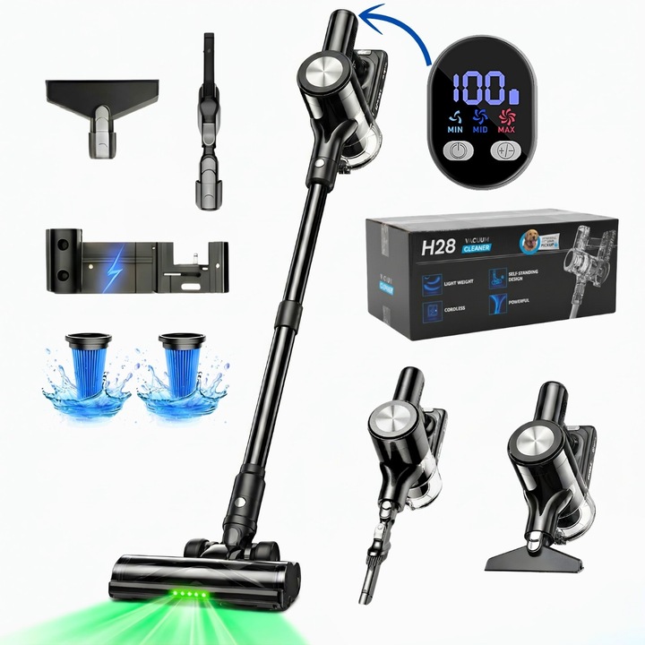 Aspirator Vertical, 2 in 1, Fara Fir Zenivo H28, 3 Viteze, 500W, Autonomie 55 min, Filtru HEPA Lavabil - Aspira si Retine Alergenii, Putere Aspirare 46000 Pa, Perie LED, Filtrare Ciclon, Pentru covoare, parchet, gresie si par de animale