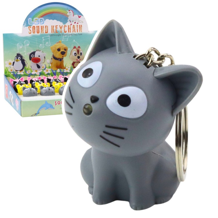 Breloc LED hanggal, LEAN Toys, macska forma, 5,5x4cm, 24 darabos szett, véletlenszerű szín