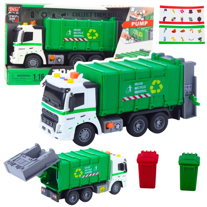 Camion de gunoi LEAN Toys 1:16, efecte sonore si luminoase, verde, set cu 3 baterii AG13