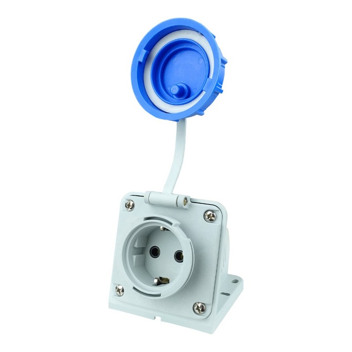 Водоустойчив стенен контакт TP Electric 1162, 16A 2P+Z Schuko, IP68, сив/син, 145x100x80 мм